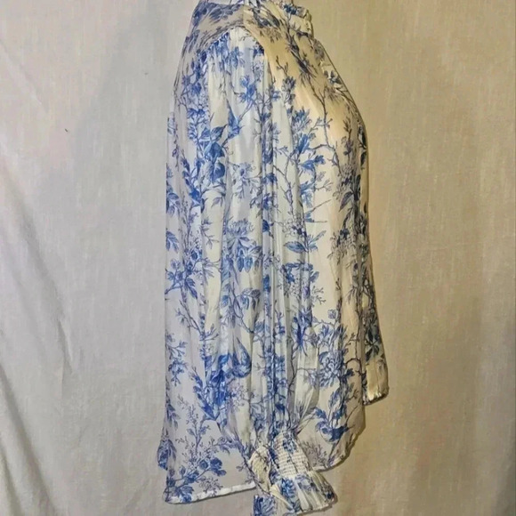 Fate Elegance In Bloom Blue Floral Bohochic Ruffle Neck Long Sleeve Blouse SZ M - Picture 4 of 13